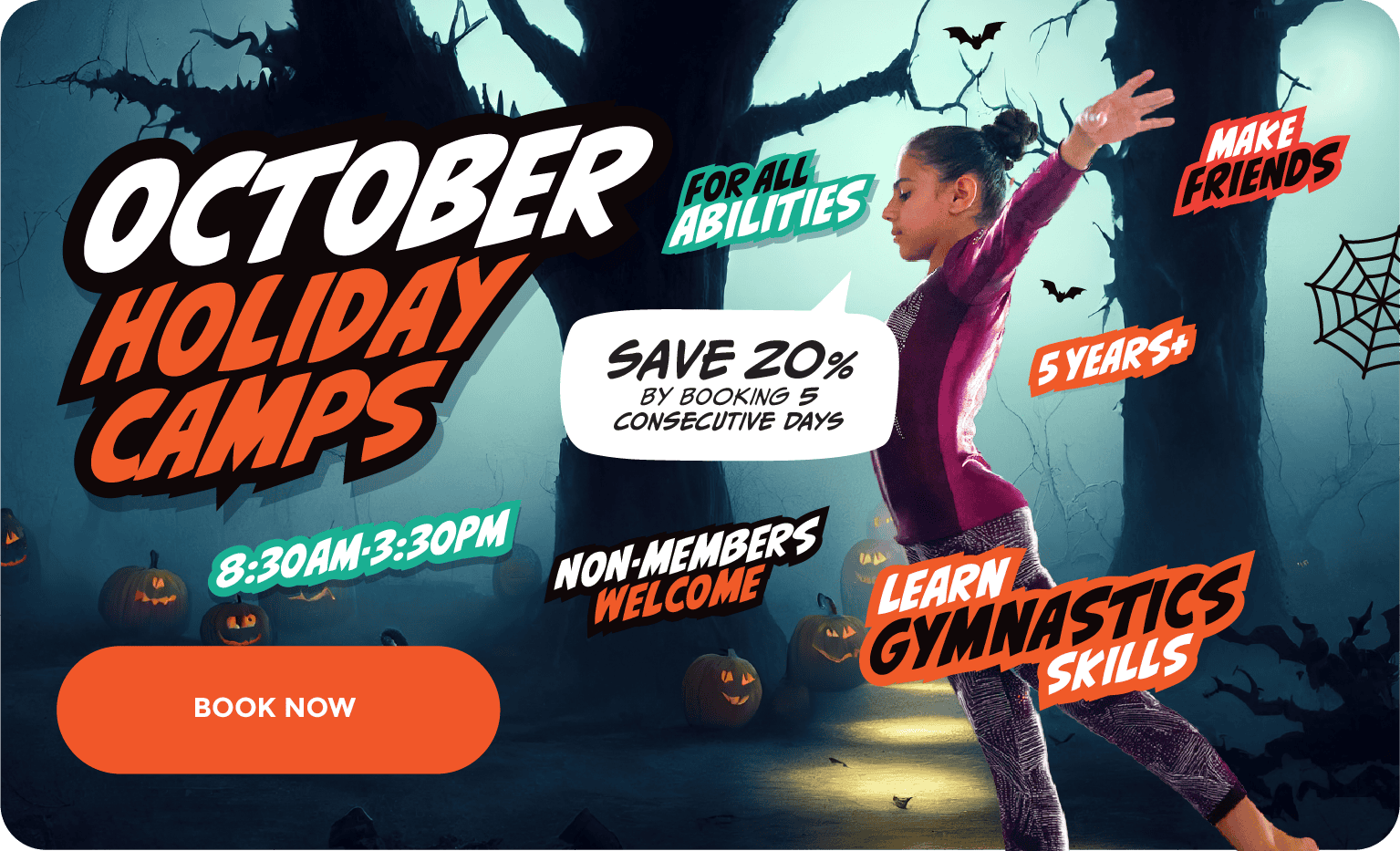 Halloween-themed children’s gymnastics camp promotion with a girl in costume practising gymnastics among pumpkins and spooky trees.