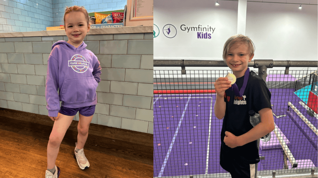 Gymnastic kids girl in purple hoodie standing at counter smiling indoor sports centre.