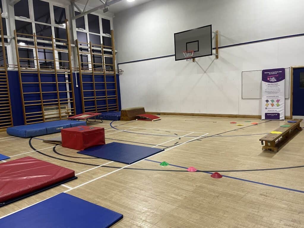 Soft play gym activity area with gym mats, cones, balance equipment, and climbing wall for children's physical development and indoor recreation.