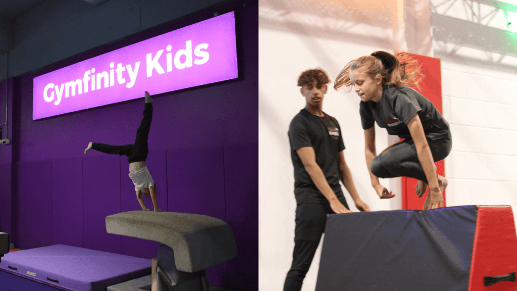 Gymfinity Kids indoor trampoline park with children performing flips and jumps on trampolines and foam pits, promoting active fun for kids.
