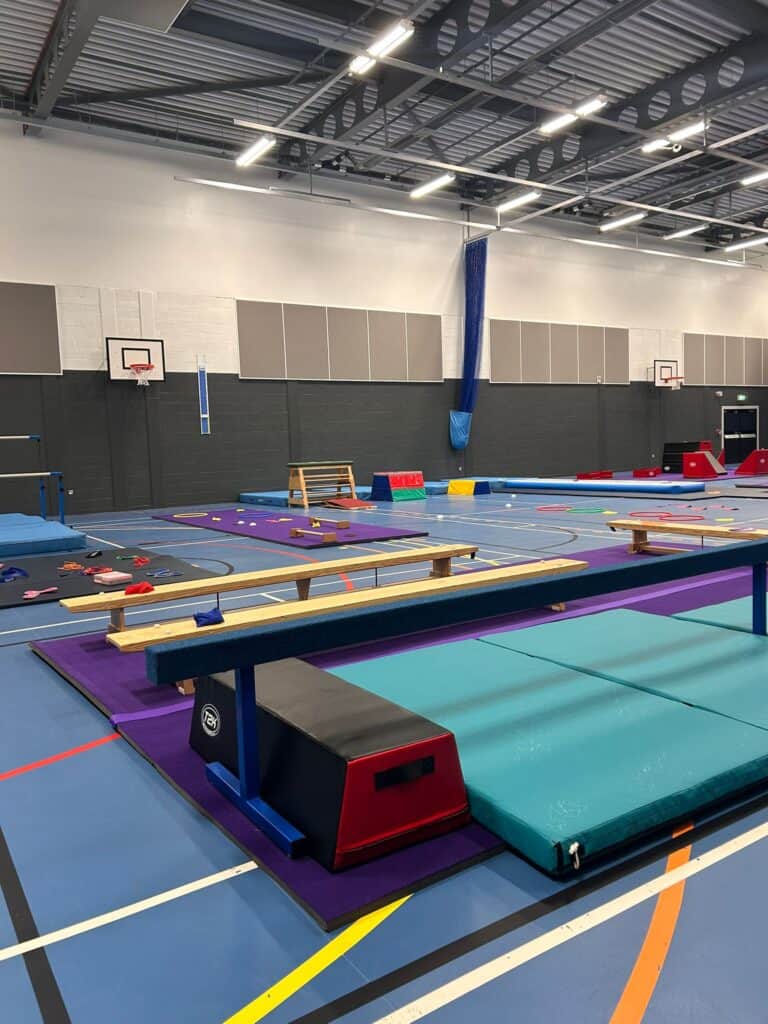 Bright indoor gymnasium featuring various sports equipment including padded mats, balance benches, and climbing structures for physical exercise and activities.