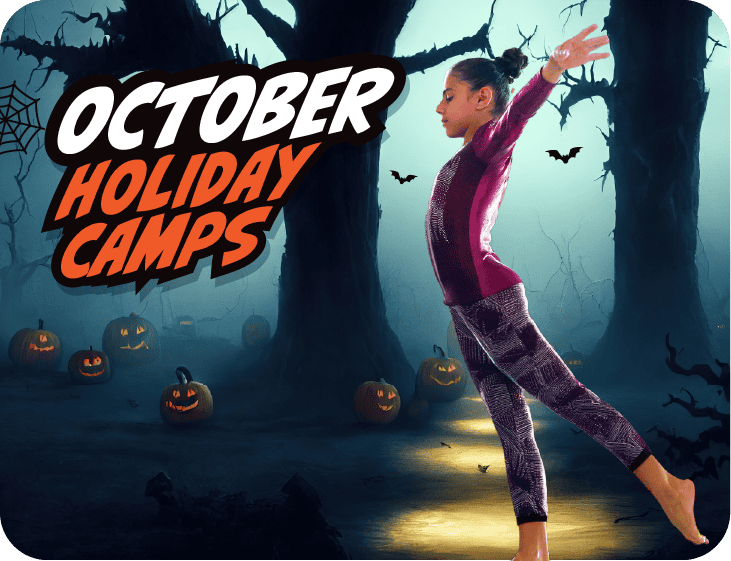 October holiday camp advertisement with a young girl doing martial arts in a spooky Halloween-themed forest scene with glowing jack-o'-lanterns and bats.