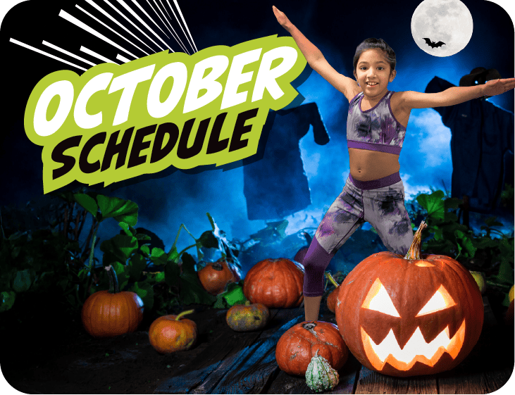 Pumpkin with illuminated face and children’s Halloween decorations for October schedule announcement.