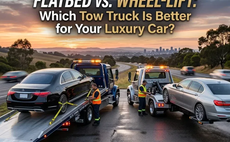 Flatbed and wheel-lift tow trucks comparing luxury car towing methods.