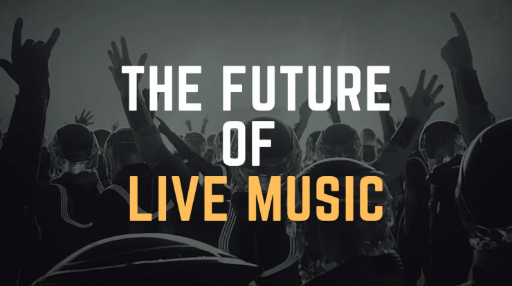 Vibrant live music concert with crowd cheering and raising hands, emphasizing the future of live music events and entertainment experiences.
