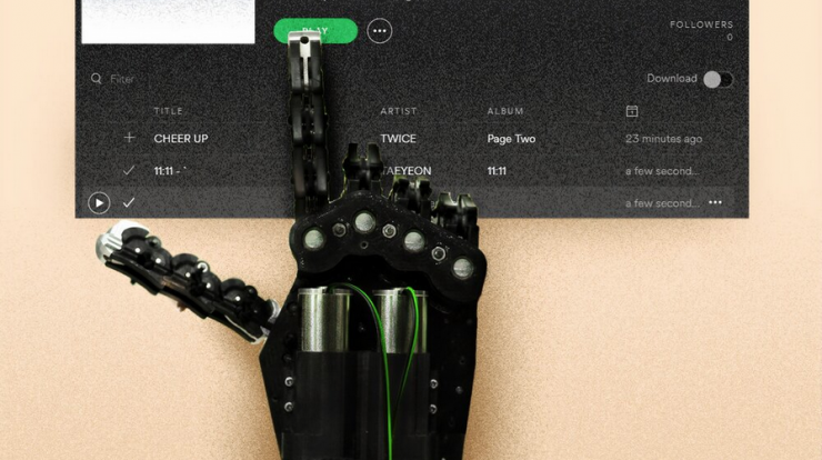 Robotic hand creating digital music playlist on screen, AI-generated music curation, music industry technology innovation, music playlist management, futuristic music production tools.