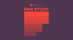 Red fan chart illustrating a fan study for Spotify for Artists with a dark purple background. The graphic emphasizes music industry analytics and fan engagement data.