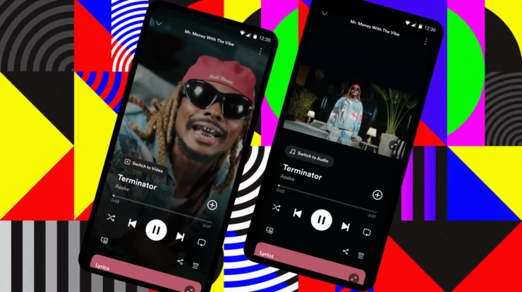Mr. money with the vibe music app screenshots showcasing the song "Terminator" by Asake on a vibrant, colorful background with geometric patterns, highlighting music streaming and digital entertainment.