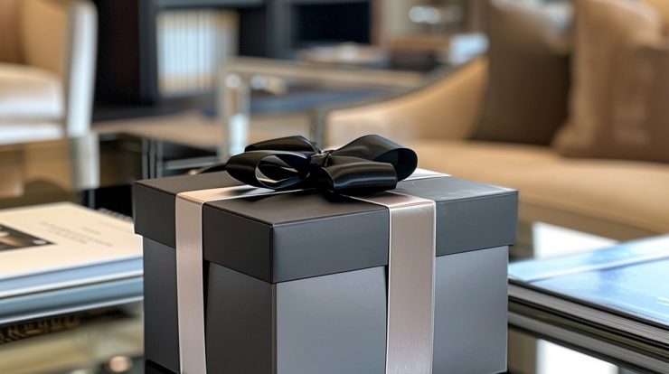 Elegant black gift box with silver ribbon and bow on reflective glass table, modern interior with bookshelves and living room furniture, suitable for luxury presents or corporate gifts.