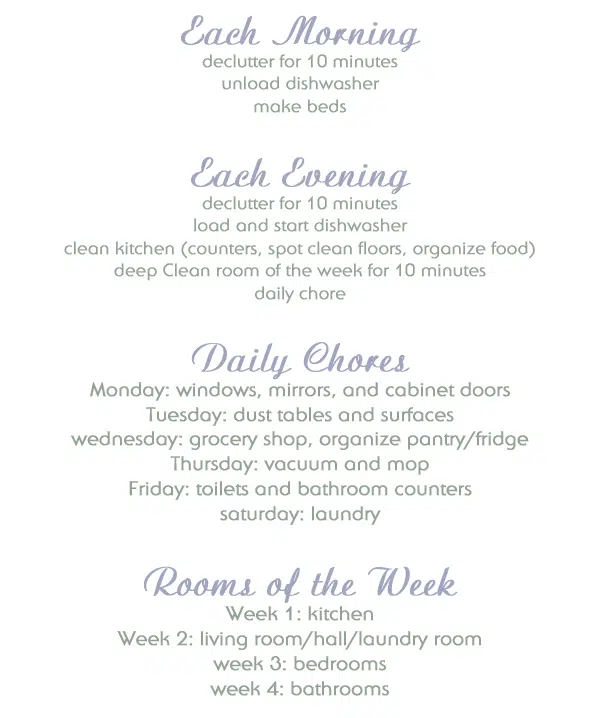 Daily cleaning schedule. https://www.lambertslately.com/2012/08/5-ways-to-clean-house-in-under-hour-day.html