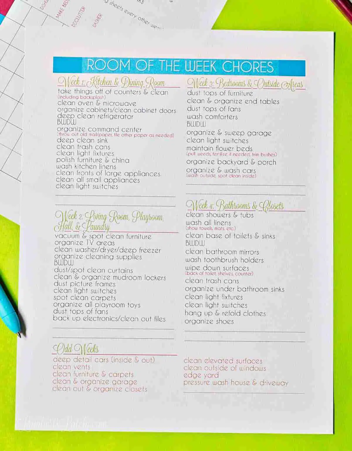 room of the week chores printable.
