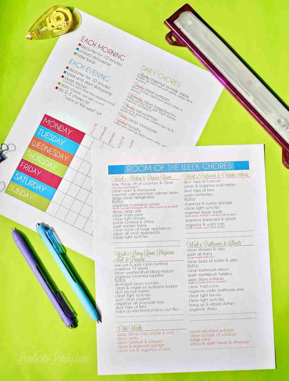 two cleaning calendars on a green background.