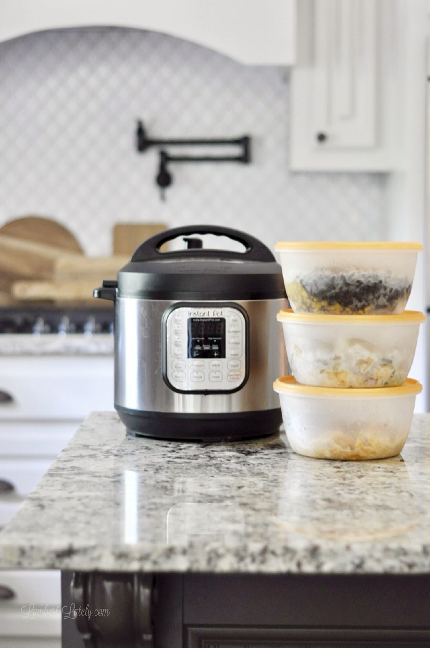 instant pot next to freezer meals stacked on a counter.
