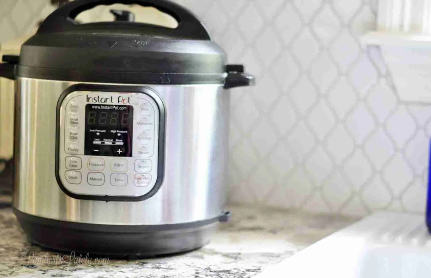 instant pot on a kitchen counter.