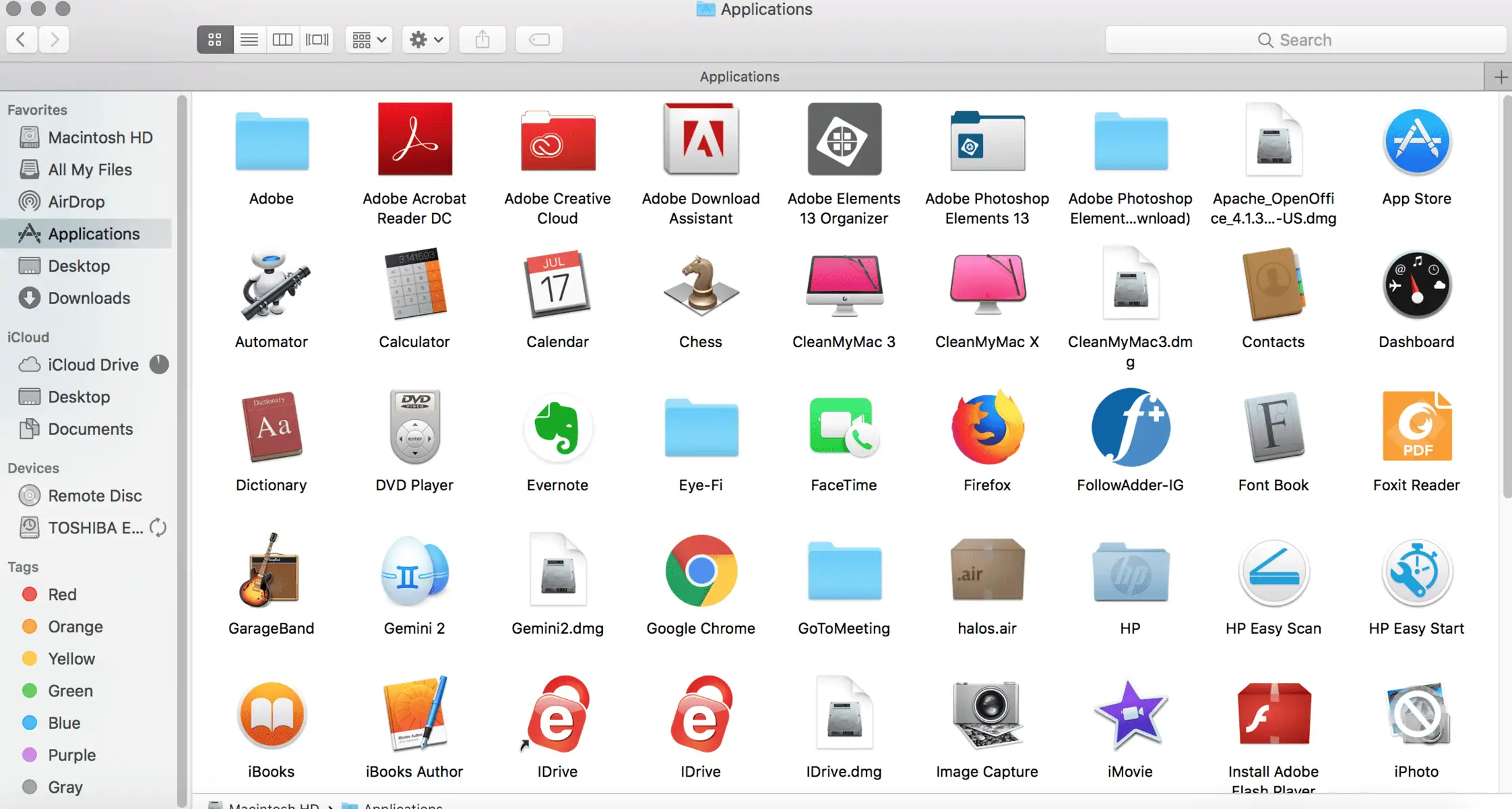 screenshot of applications folder on a mac.
