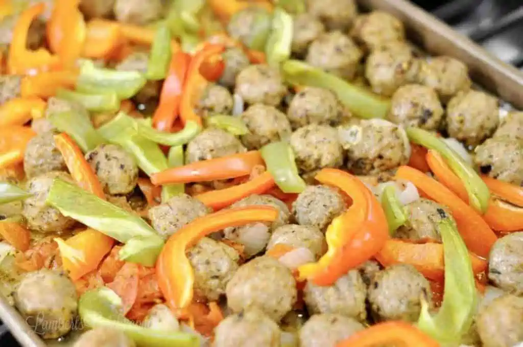 meatballs and pepper strips.