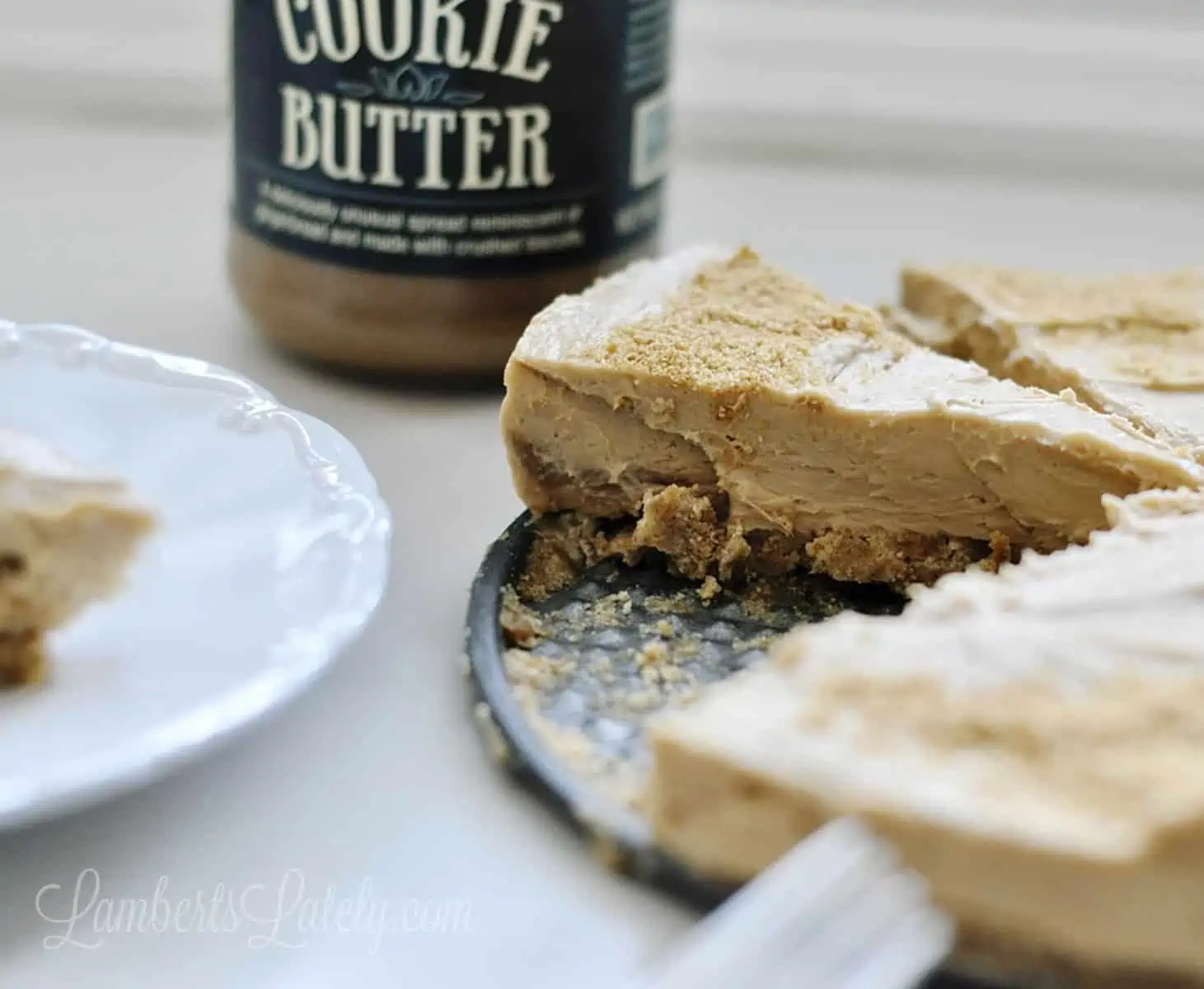 slice of cookie butter pie missing from the whole pie.