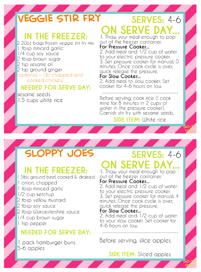 freezer meal recipe cards.
