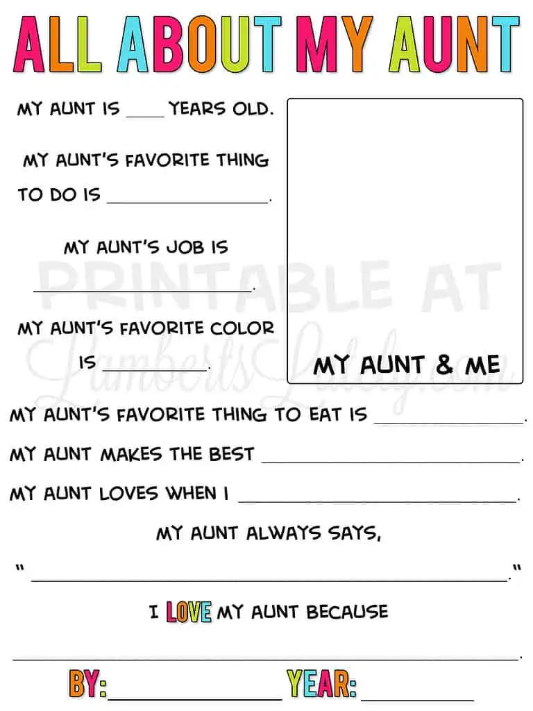 All About My Aunt Free Printable