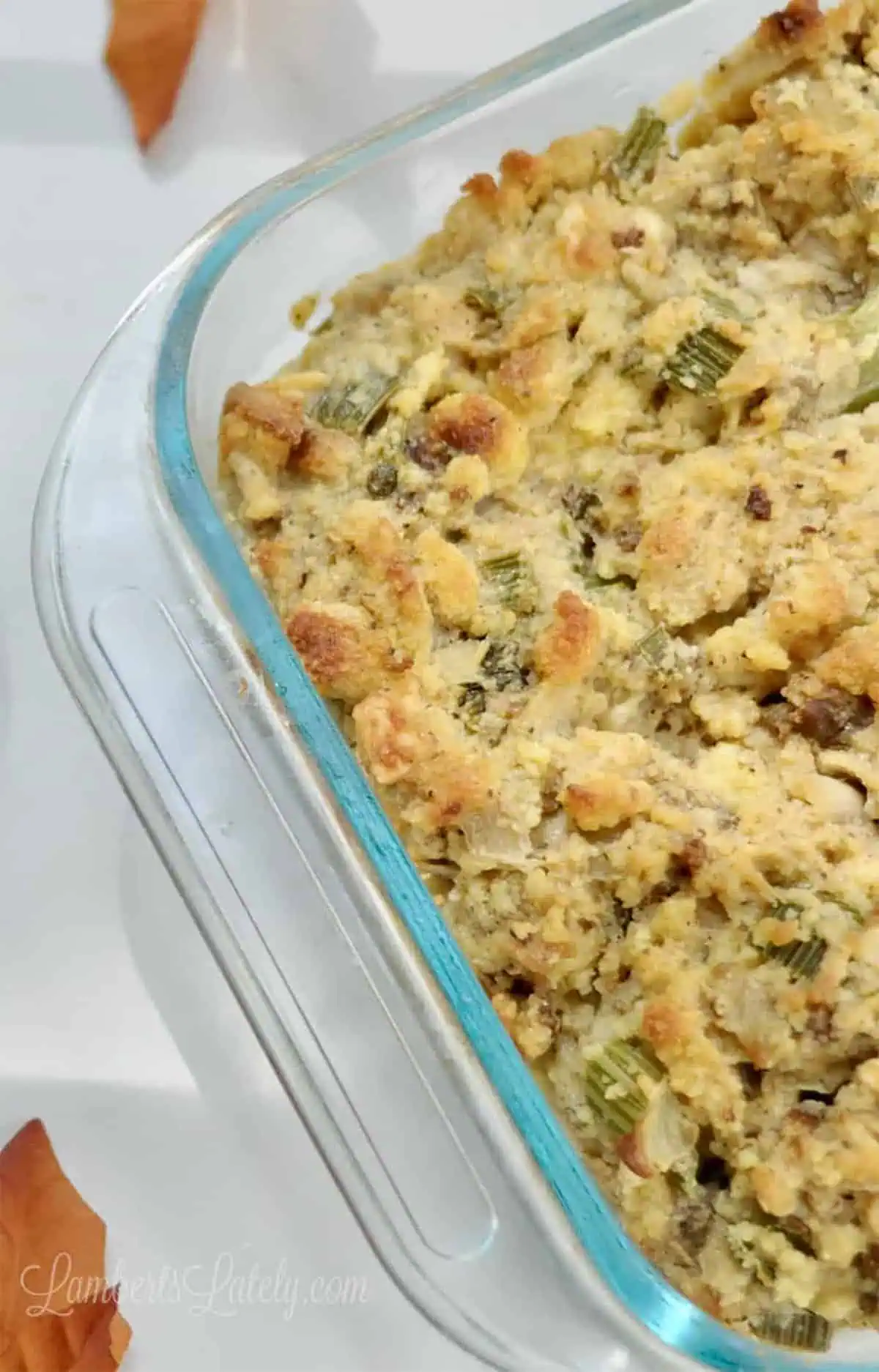 glass dish of jiffy cornbread dressing.