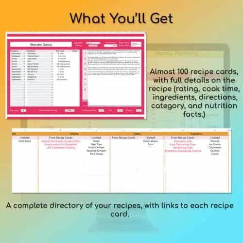 recipe cards and recipe directory in spreadsheets.