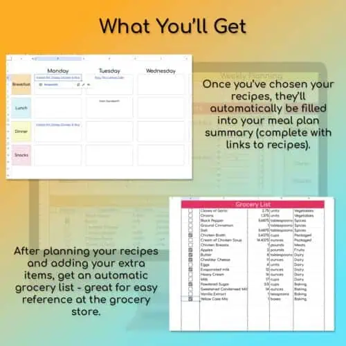 weekly meal plan and grocery list spreadsheets.
