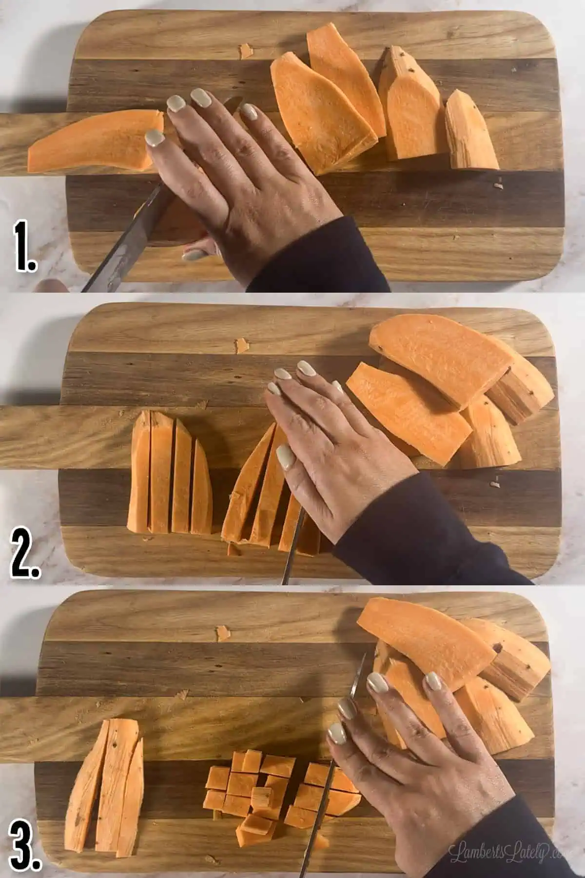 steps for how to cut perfect sweet potato cubes.