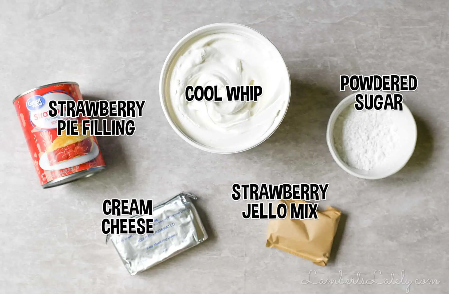 ingredients for strawberry pretzel salad dip.