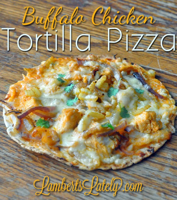 buffalo chicken tortilla pizza on a wood table.