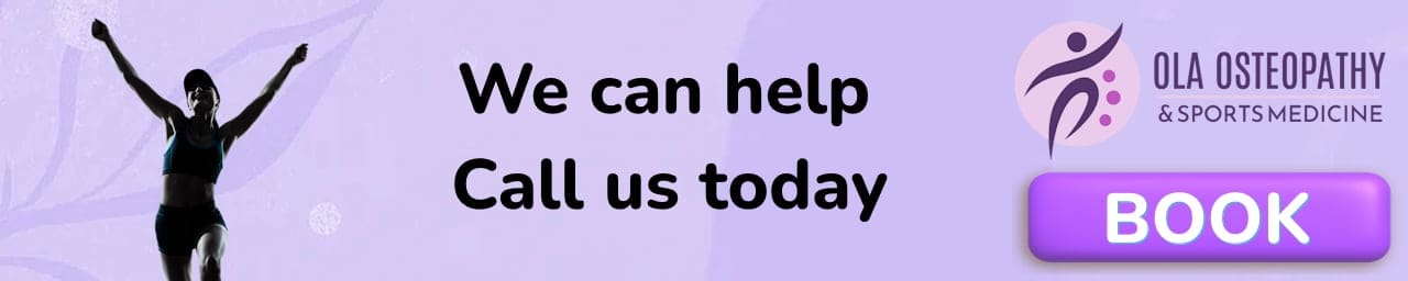 Banner with happy person including business logo and BOOK button for OLA Osteopathy.