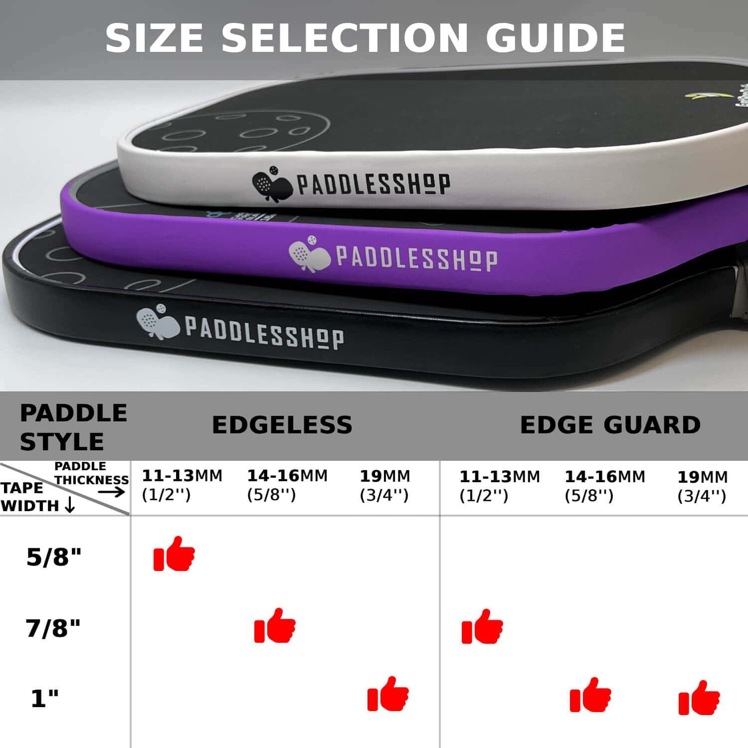 Paddlesshop Premium Edge Tape size guide