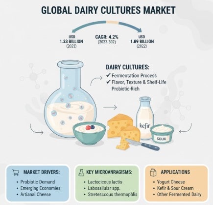 Dairy Cultures Market to Reach USD 1.89 Billion by 2032, Growing at 4.2% CAGR