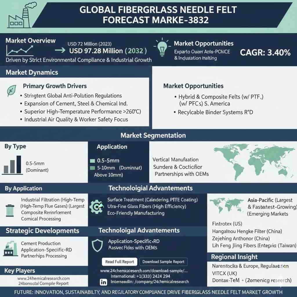 Fiberglass Needle Felt Market to Reach USD 97.28 Million by 2032 at 3.40% CAGR