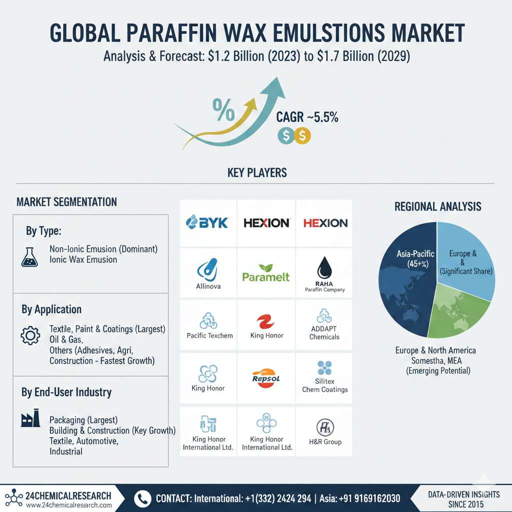 Global Paraffin Wax Emulsions Market Analysis and Forecast: From USD 1.2 Billion in 2023 to USD 1.7 Billion by 2029