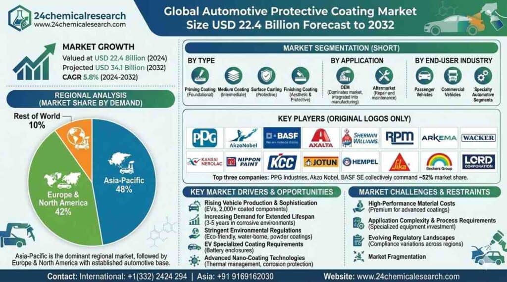 世界の自動車用保護コーティング市場規模、2024年224億ドルから2032年には341億ドルへと予測、堅調なCAGR 5.8%で成長