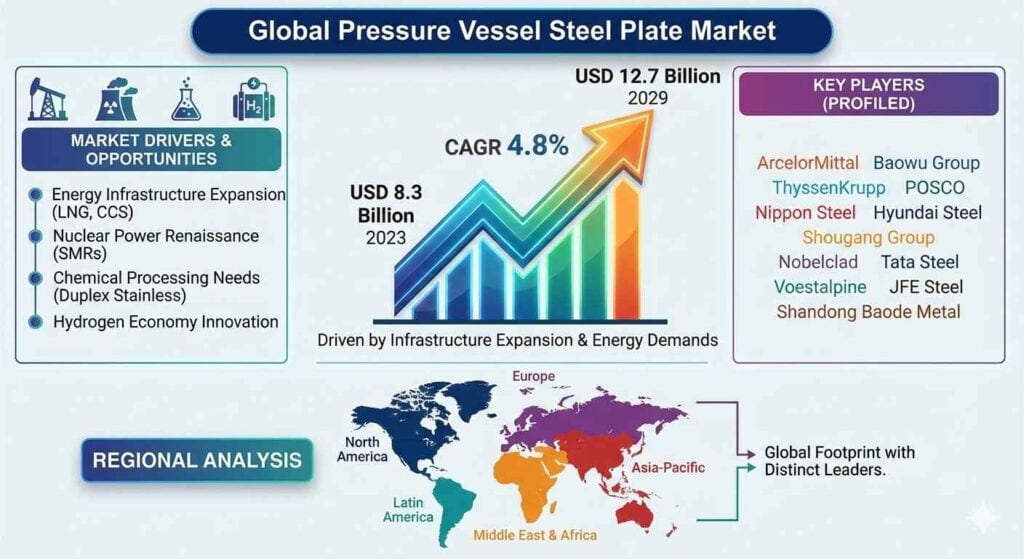 世界圧力容器用鋼板市場：2023年80.3億米ドルから2029年127億米ドルへ