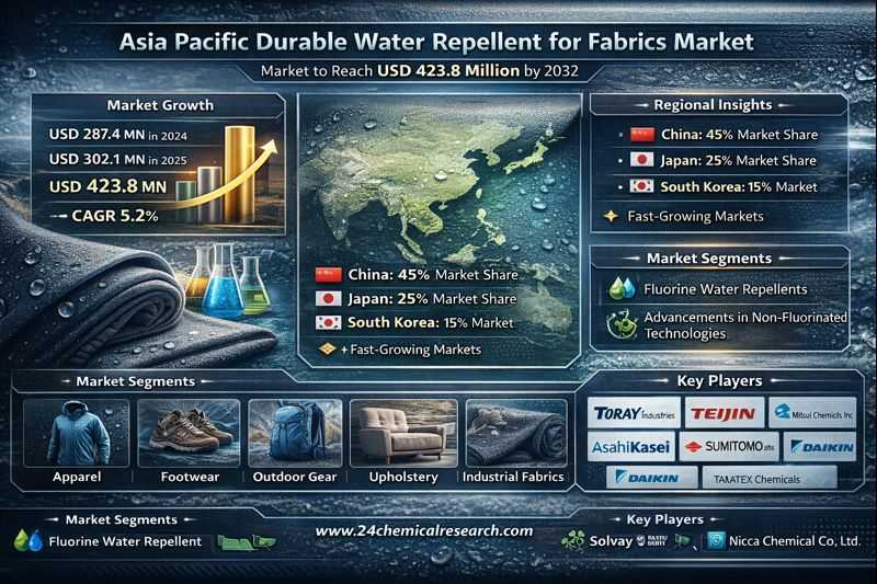 Global Asia Pacific Durable Water Repellent for Fabrics market projected to grow from USD 302.1 million in 2025 to USD 423.8 million by 2032