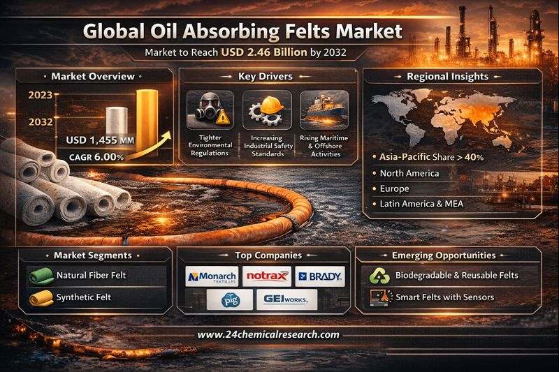 Global Oil Absorbing Felts market was valued at USD 1,455 million in 2023 and is projected to reach USD 2,458.19 million by 2032