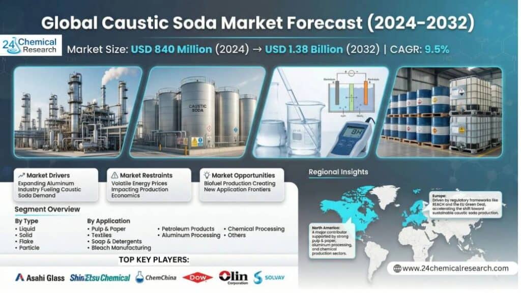 Global Caustic Soda Market to Reach USD 1.38 Billion by 2032, Driven by Aluminum Processing and Pulp & Paper Industries