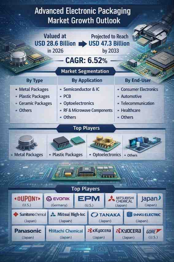 Advanced Electronic Packaging Market Growth Outlook: Revenue to Expand from USD 28.6 Billion to USD 47.3 Billion During 2026–2033