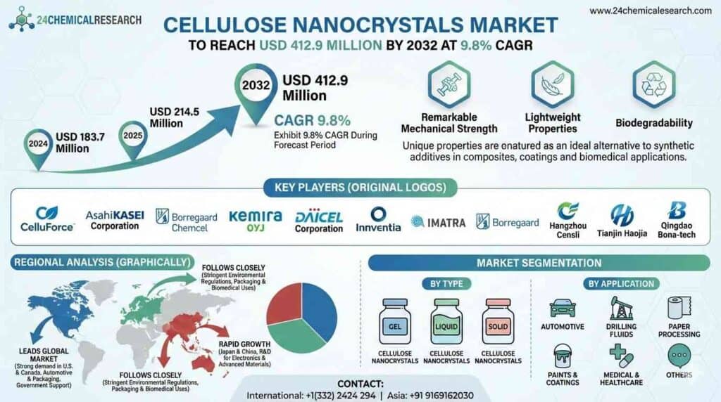 Cellulose NanoCrystals Market to Reach USD 412.9 Million by 2032 at 9.8% CAGR
