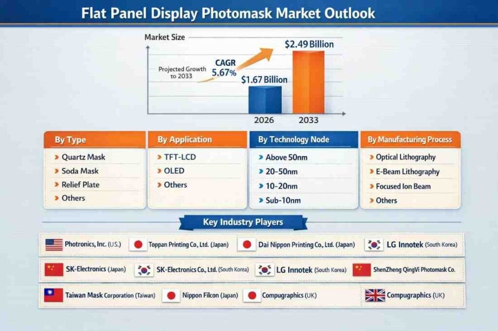 Flat Panel Display Photomask Market, valued at USD 1.67 billion in 2026, is positioned to reach USD 2.49 billion