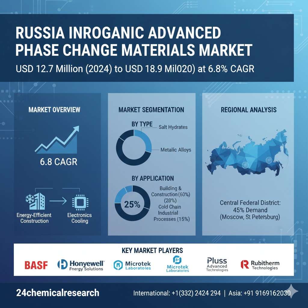 Russia Inorganic Advanced Phase Change Materials Market Size 2024-2030: USD 12.7 Million to USD 18.9 Million at 6.8% CAGR
