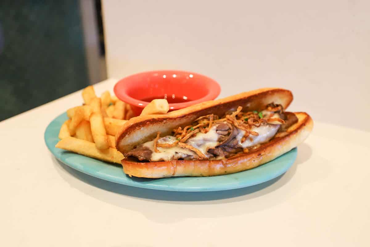 a roast beef sandwich with fries from Beaches and Cream