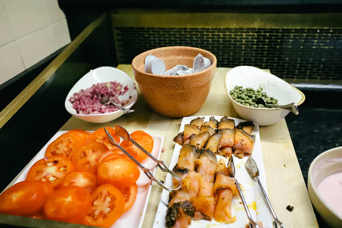smoked salmon and accompaniments on the Crystal Palace breakfast buffet