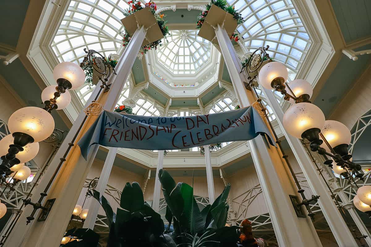 the area under the rotunda of Crystal Palace that says Welcome to Our Friendship Day Celebration