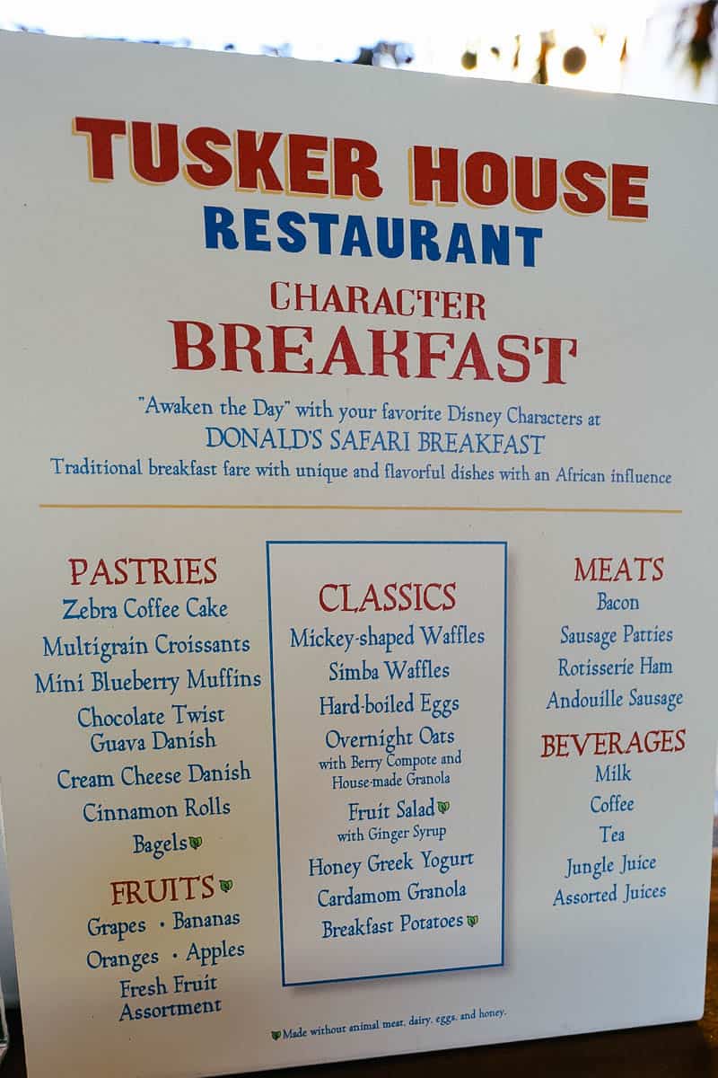 a list of items available at Donald's Safari Breakfast 