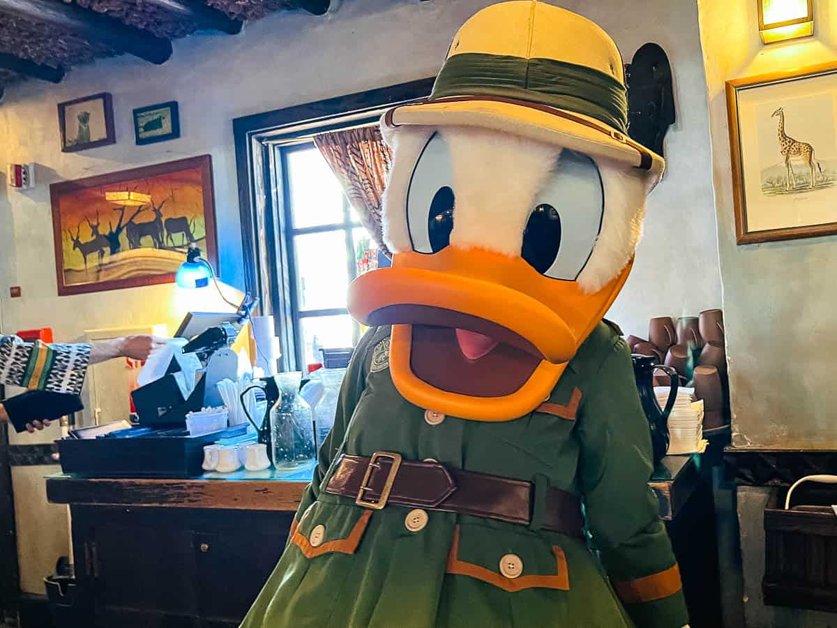 Donald Duck in green safari jacket at Tusker House 