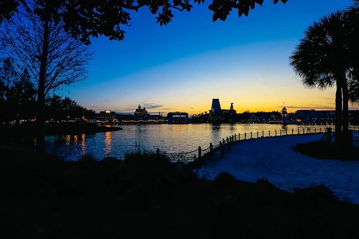 the Epcot Resorts Area at sunset