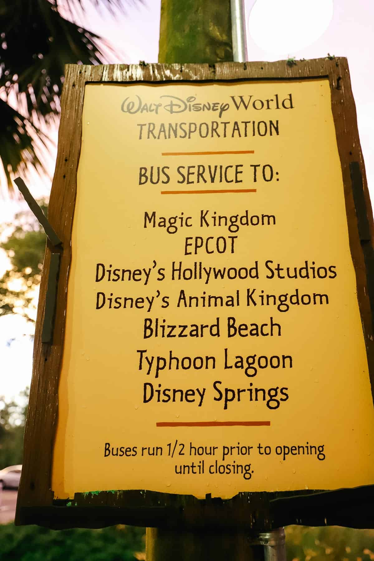 the bus stop destinations sign at Kidani Village